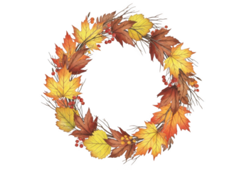 Autumn wreath made of colorful maple leaves and berries, isolated on transparent background