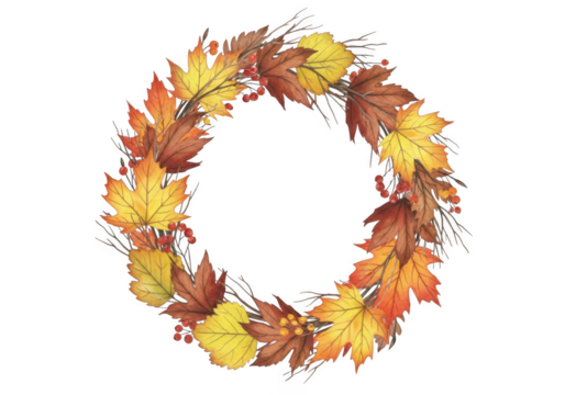 Autumn wreath made of colorful maple leaves and berries, isolated on transparent background