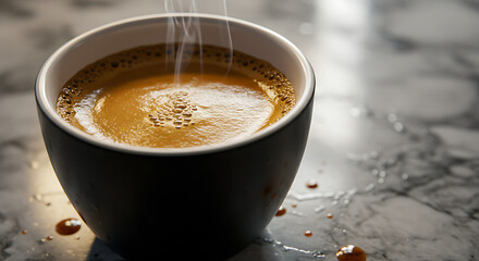 Steaming Cup of Espresso Coffee on Marble Table