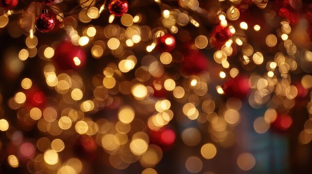 blurred christmas lights bokeh backdrop with warm glow and festive red and gold tones holiday decoration background festive ambiance and celebration atmosphere at night