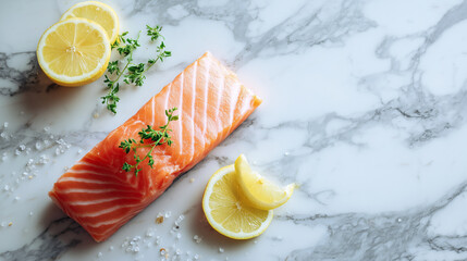 Raw salmon fillet with lemon slices, herbs, and seasoning on a marble background. Perfect for seafood recipes, cooking visuals, and healthy eating themes.
