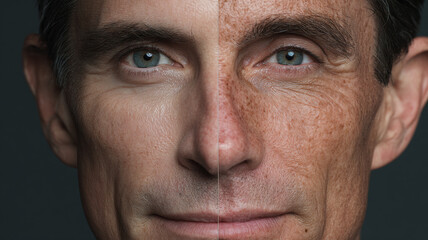 Fototapeta premium Male Face Split Comparison Portrait Before After Anti Aging Rejuvenation Treatment Men's Aesthetic Medicine Result