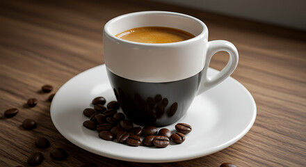 Espresso Coffee Cup with Roasted Coffee Beans on Wooden Table