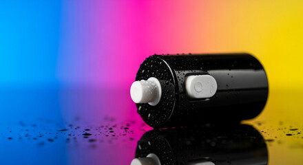 Modern waterproof electronic gadget with dual controls on a wet reflective surface against a vibrant colorful background