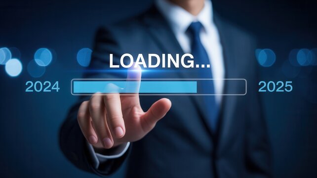 Businessman pressing loading bar to 2025, embracing new year technology innovations and future business trends for successful financial growth