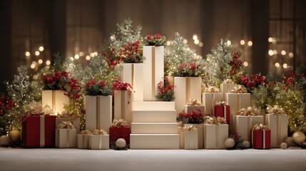 christmas holiday podium display with festive decorations
