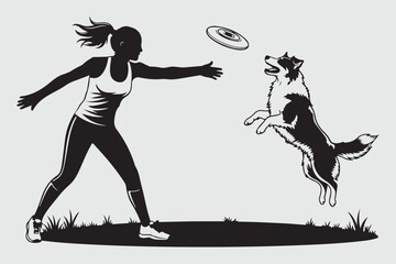 Woman playing frisbee Border collie dog silhouette vector Art andIllustration
