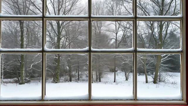 Frosted glass frames a peaceful view of a snowy landscape with trees and quiet surroundings on a chilly winter day