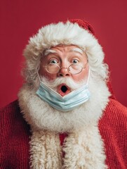 Naklejka premium close up portrait of funny old bearded surprised santa claus wearing costume glasses face mask looking at camera standing on christmas red background covid 19 coronavirus safety protection concept no