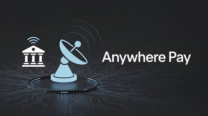 'Anywhere Pay' concept illustration showing a glowing satellite dish transmitting a signal toward a bank building icon, symbolizing global, wireless, and instant financial transactions.