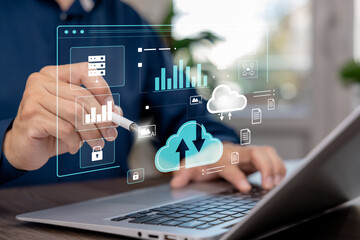 Futuristic holographic interface showing cloud computing, data transfer, and digital storage technology with glowing blue icons representing innovation, network, and security.