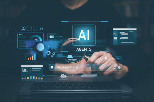 AI Agents Command Interface with Futuristic Holographic Dashboard, Digital Data Analytics System, and Modern Blue Technology Background for Business Automation and Innovation Web Banner