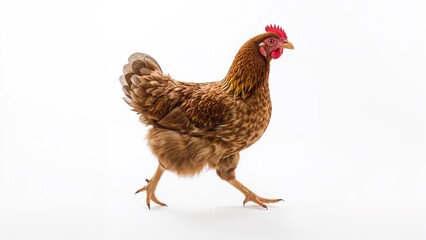 Fototapeta premium Brown chicken with a red comb walking against a plain white background.