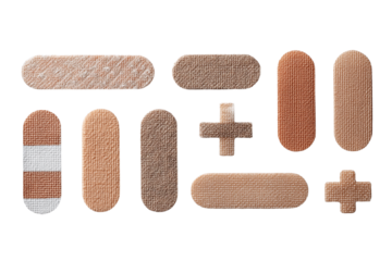 Collection of band-aid strips in various shapes isolated on transparent White background png