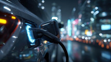 Obraz premium Close Up Hand Plugging Charging Cable Into Electric Vehicle At Night City Bokeh Lights Background