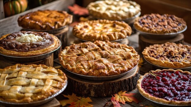 conceptual image of a table adorned with assorted thanksgiving pies