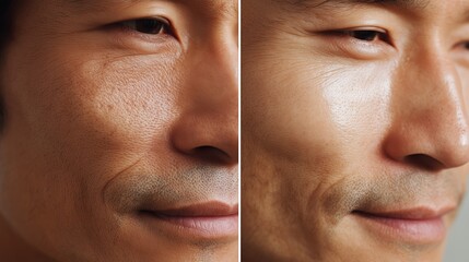 Close-up view of facial skin showing texture and wrinkles on a man's face in soft lighting