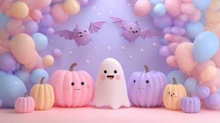3d halloween party stage background pastel jackolanterns in pink and light orange pastel balloons in soft purple blue and peach friendly ghost figure bats with cute expressions pastel purple 