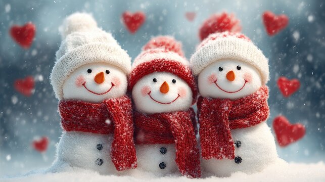 three adorable snowmen smile brightly dressed in white beanie hats and red scarves as they gather in a snowy winter wonderland surrounded by red hearts