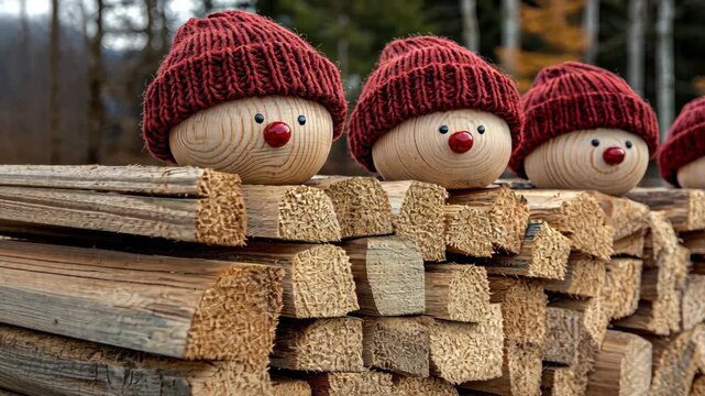 Charming wooden figures in red hats peek playfully over a pile of logs surrounded by colorful autumn foliage