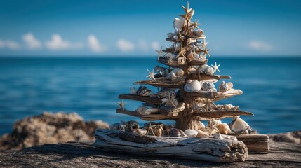 driftwood and seashell christmas tree by the beach