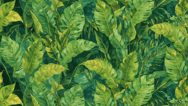 Lush green tropical leaves with dense foliage pattern, vibrant and fresh, covering the entire frame, showcasing a natural plant environment.