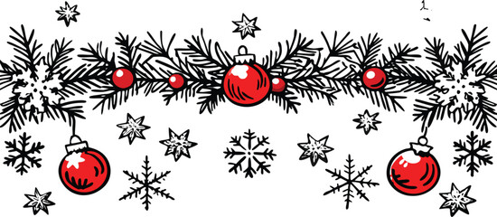 Festive holiday garland with red baubles and snowflakes creates a charming winter wonderland for joyful celebrations and seasonal designs