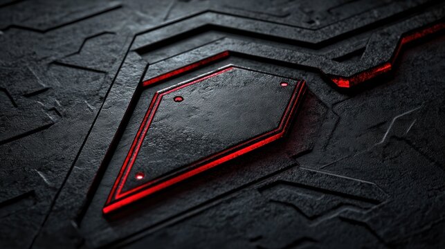 Dark, textured, metallic surface with red glowing lines and a diamond-shaped panel