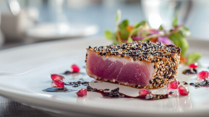 Seared tuna steak with sesame crust served on a white plate with artistic garnishes and colorful elements. Great for upscale dining and gourmet seafood visuals.