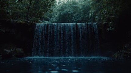 Dark waterfall cascading into a pool, lush forest backdrop