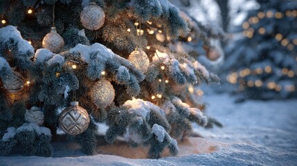 Fototapeta premium close up of a snow covered christmas tree with warm lights and ornaments in a winter forest