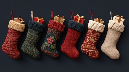 christmas stocking set including various velvet knit and plush designs filled with gift boxes isolated holiday decor and festive celebration collection