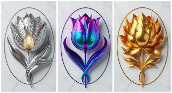 Three futuristic metallic and iridescent floral sculptures displayed vertically