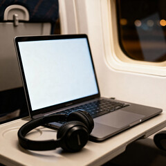 Laptop with blank screen and headphones on airplane tray mockup