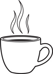 Black and white line drawing of a steaming coffee cup drink on transparent background