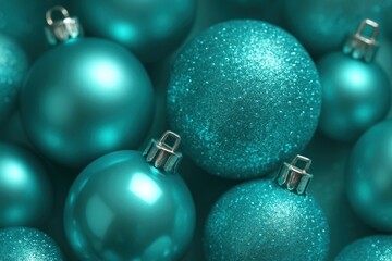 Sparkling teal Christmas ornaments background