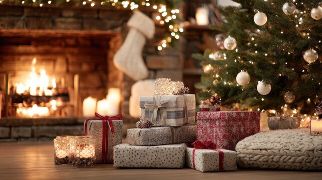 wrapped gifts nestling near glowing christmas tree navity crackling fireplace highlighting festive living room holiday with warm decor charm