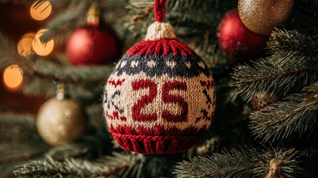 knitted christmas advent calendar with number 25 hanging on decorated christmas tree festive handmade ornament holiday tradition cozy seasonal decoration stock photo
