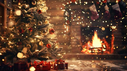 Warm, inviting Christmas scene with glowing tree, cozy fireplace, festive stockings, and presents piled below, creating a magical holiday atmosphere for celebrations.