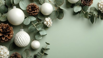 christmas decoration creating a festive atmosphere with white ornaments pine cones and eucalyptus leaves arranged on a soft green background