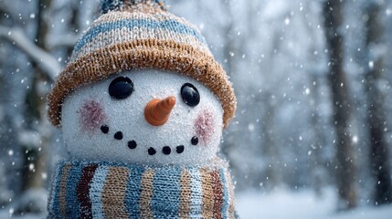 closeup of smiling snowman with carrot nose and knitted hat during snowfall in forest representing holiday spirit winter fun seasonal joy