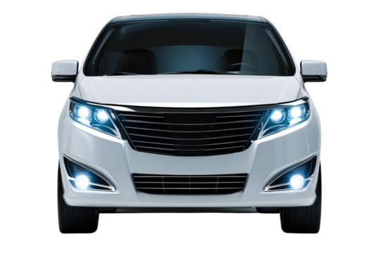 City minivan featuring a panoramic front windshield and LED headlights isolated on transparent White background png