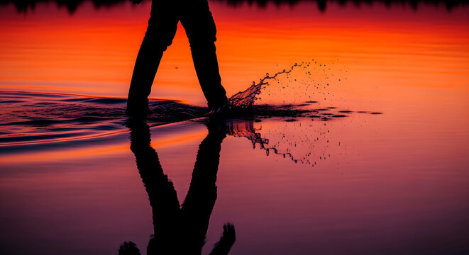Silhouette of a person walking through shallow water at sunset, creating ripples and a reflection