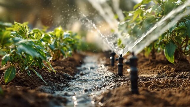 Ultra HD Irrigation system in a field, watering plants with precision, ensuring healthy growth and efficient water use, highlighting sustainable agriculture and modern farming techniques.