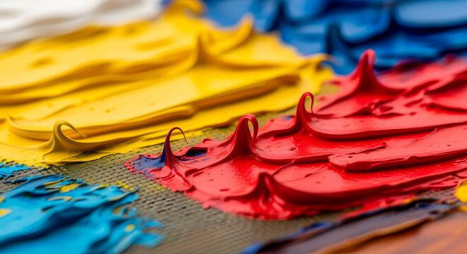 Thick, vibrant oil paint strokes in red, yellow, and blue, creating a textured abstract background