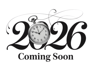 2026 coming soon text with a vintage pocket watch