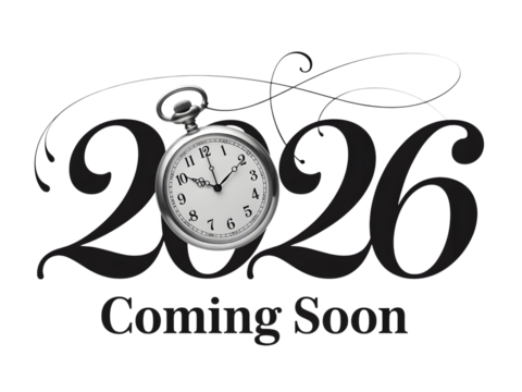 2026 coming soon text with a vintage pocket watch