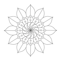 Intricate black and white line art vector of a symmetrical floral mandala design, perfect for relaxation, mindfulness, adult coloring books, textile patterns, or decorative element