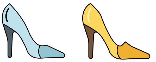Two stylized high heel shoes one light blue and one yellow depicted in a simple flat design against a black background representing fashion and footwear