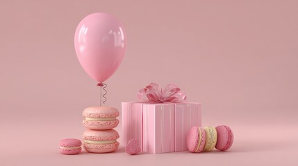 a pink balloon and macaron tower alongside a gift box